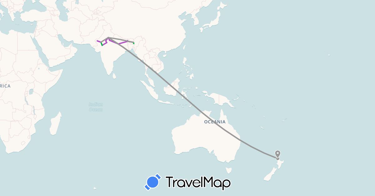 TravelMap itinerary: driving, bus, plane, train in India, New Zealand (Asia, Oceania)